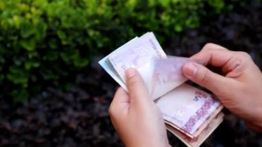 Brezilya banknotlarını farklı değerlerde tutan ve sayan bir kadının elleri