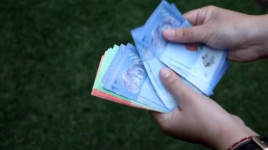 Malezya banknotlarını farklı değerlerde tutan ve sayan bir kadının elleri