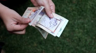 Uruguay banknotlarını farklı değerlerde tutan ve sayan bir kadının elleri