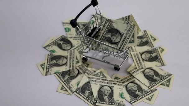 Shopping Cart American One Dollar Bills Spinning — Stock Video