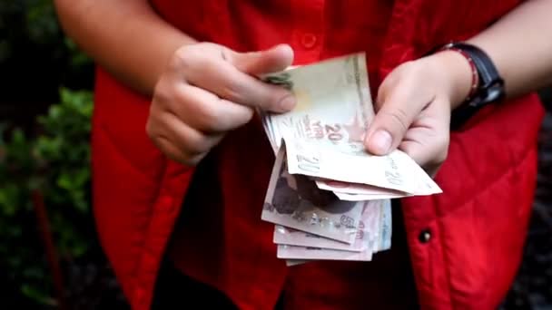 Руки Жінки Тримає Рахує Турецькі Банкноти Різної Номінації — стокове відео
