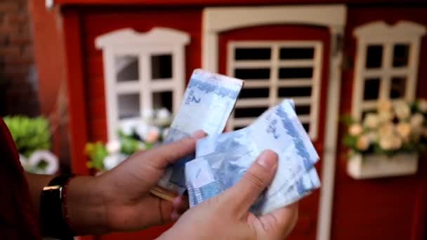 手握和计数不同面额的巴西钞票的妇女的手 — 图库视频影像