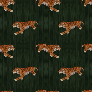 yeşil arkaplan üzerinde çalışan kaplanların dijitalsiz deseni