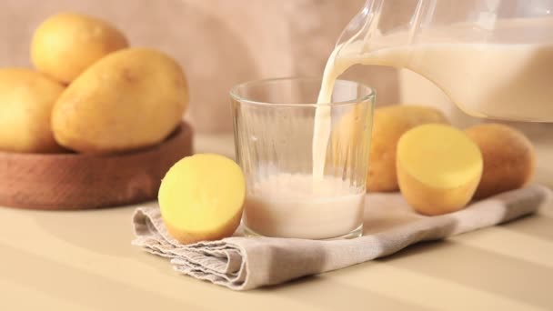 Картофельное Растительное Молоко Наливают Стакан Кувшина Концепция Альтернативного Веганского Молока — стоковое видео