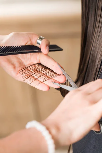 美容師は クライアントストレートヘアのセクションを保持し それをカットします 美容室のコンセプト 美容師の職業訓練 — ストック写真