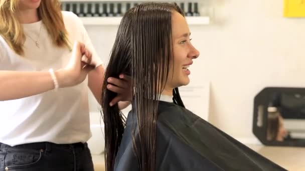 一个专业的理发师在剪头发前用梳子梳理客户长长的黑黑的湿头发 美容院美容业 — 图库视频影像