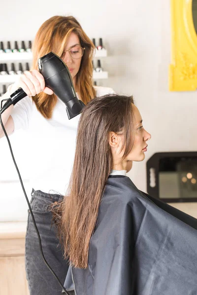 The hairdresser dries the clients hair with a hair dryer and styles her hair with a comb in a beauty salon. Beauty industry.
