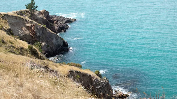 Yeni Zelanda 'daki bir milli parktan deniz manzarası. Kayalık bir sahili olan bir körfez. Doğa ile duvar kağıdı.