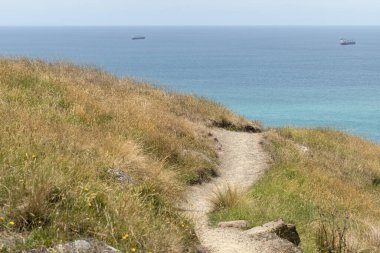 Deniz manzaralı bir patika. Çarpıcı bir manzarayla yürüyüş yapmak için bir yol. Yeni Zelanda 'da manzara.