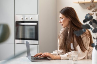 Çekici bir kadın mutfaktayken dizüstü bilgisayar kullanır. Ev bütçesi ve internet üzerinde çalışma kavramı..