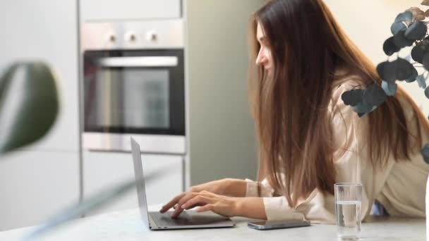 Çevrimiçi Bir Toplantıda Sohbet Eden Çekici Bir Kadın Mutfaktaki Dizüstü — Stok video