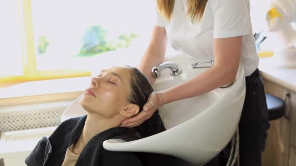 Κομμωτής Πλένει Μαλλιά Των Πελατών Και Κάνει Μασάζ Στο Κεφάλι — Αρχείο Βίντεο