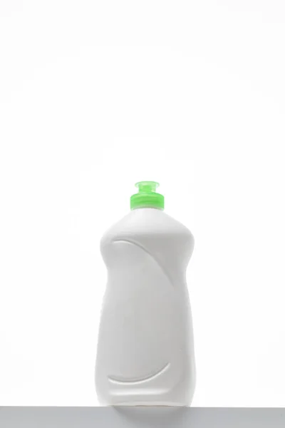 Drop Dishwashing Gel Flows Out Bottle Layout Made White Plastic — Stock Photo, Image