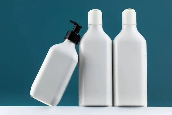 Set Cosmetic Bottles White Shelf Place Your Logo Concept Routine — Stock Photo, Image
