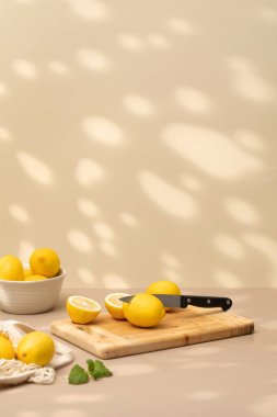 Tahtasında bıçak olan sulu bir limon dilimi var. Pamuk bir torba içinde, gölgeli, olgun sarı limonlar. Boşluğu kopyala