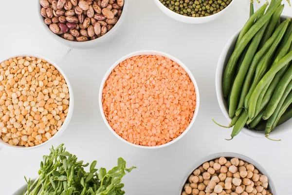 Baljväxter Glasburkar Ovanifrån Begreppet Vegetabiliskt Protein Vegetarianism Hälsosam Kost — Stockfoto