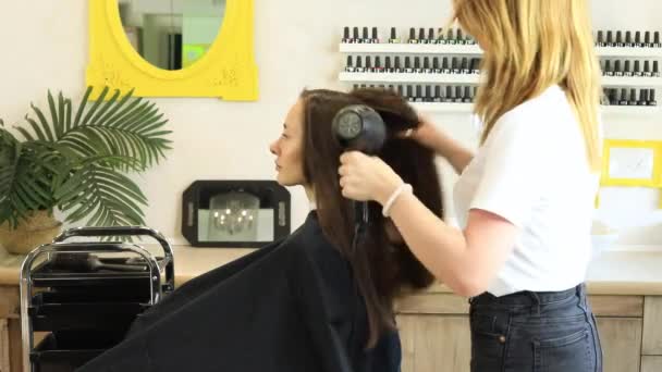 Κομμωτής Στεγνώνει Μαλλιά Των Πελατών Στεγνωτήρα Μαλλιών Και Στρογγυλή Χτένα — Αρχείο Βίντεο