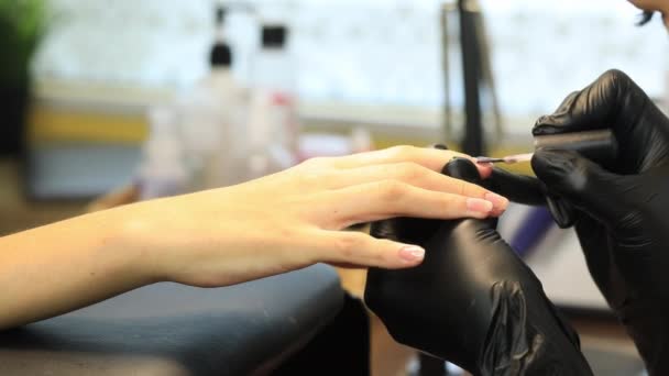 Processo Manicure Salão Beleza Manicure Pinta Prego Com Verniz Indústria — Vídeo de Stock