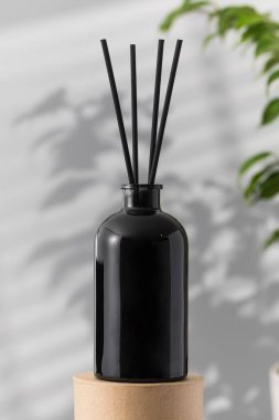 Siyah bir şişedeki bambu çubukları ve ev parfümleri. Ev için güzel kokulu cam ayırıcı. Aromaterapi.