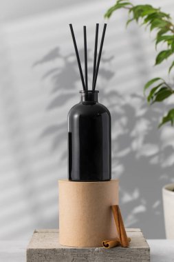 İçinde tarçın kokulu oda parfümü olan siyah bir şişedeki bambu çubukları. Ev için güzel kokulu cam ayırıcı. Aromaterapi.