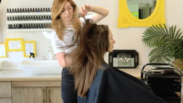 Penata Rambut Mengeringkan Rambut Klien Dengan Pengering Rambut Dan Sisir — Stok Video