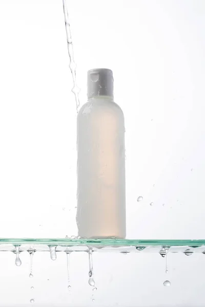 Bottle Cosmetics Place Your Logo Glass Shelf Water Drops Micellar — Stock Photo, Image