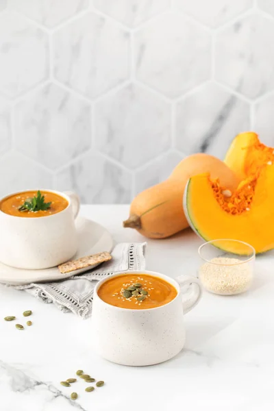 Segelas Sup Labu Hangat Konsep Menu Musim Gugur Resep Sayuran — Stok Foto