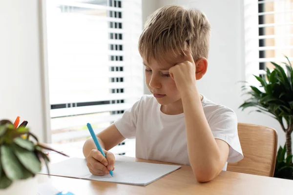 Χαριτωμένο Αγόρι Κάνει Σχολική Εργασία Στο Σπίτι Αποστάσεως Εκπαίδευση Ηλεκτρονική — Φωτογραφία Αρχείου