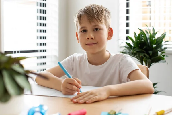 Χαριτωμένο Αγόρι Κάνει Σχολικές Εργασίες Στο Σπίτι Έννοια Της Κατ — Φωτογραφία Αρχείου