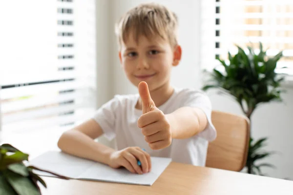 Ein Lächelnder Junge Macht Tisch Seine Hausaufgaben Und Hebt Den — Stockfoto