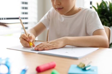 Sevimli bir çocuk cetvel ve kalemle çizim yapıyor. Ev dersleri konsepti, uzaklardan öğrenme. Geometri ve çizim.