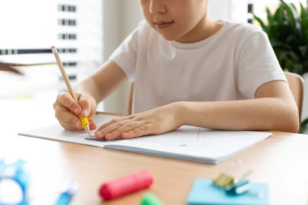 一个可爱的男孩用尺子和铅笔画一幅画 家教的概念 远程学习 几何和绘图 — 图库照片