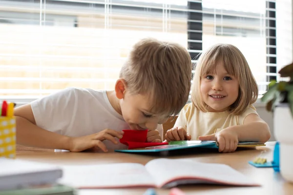 Erkek Kız Kardeş Birlikte Evde Dostça Bir Eğitim Kitabı Okudular — Stok fotoğraf