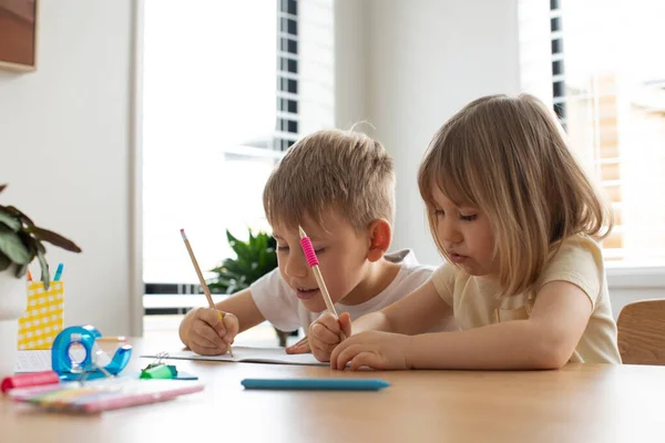 Erkek Kız Kardeş Masada Kalemlerle Birlikte Yazıp Çiziyorlar Arkadaş Canlısı — Stok fotoğraf