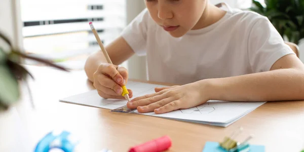 Cute Boy Makes Drawing Ruler Pencil Concept Home Lessons Distance — Stock Photo, Image