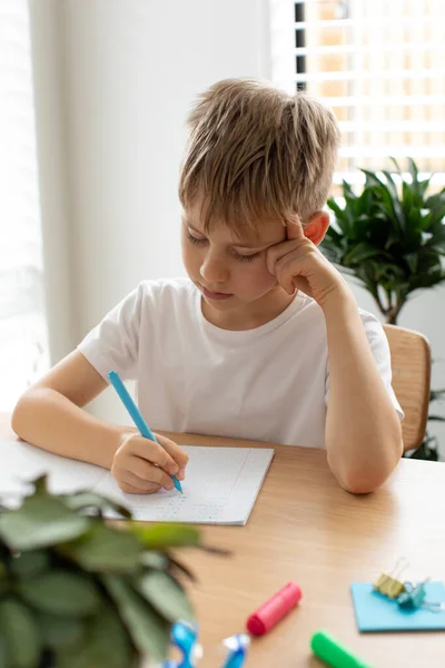 かわいい男の子が家で宿題をしている 遠隔教育 オンライン教育 少年はノートに熱心に書いている — ストック写真