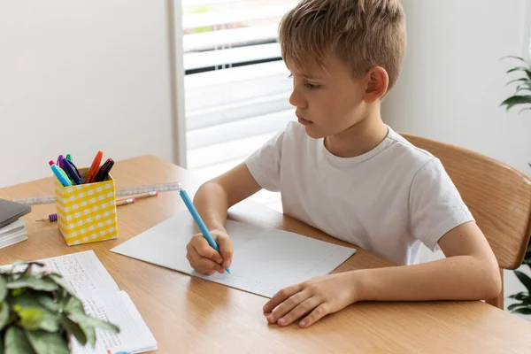 Χαριτωμένο Αγόρι Κάνει Σχολικές Εργασίες Στο Σπίτι Έννοια Της Κατ — Φωτογραφία Αρχείου