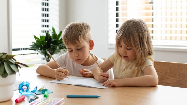 Erkek ve kız kardeş masada kalemlerle birlikte yazıp çiziyorlar. Arkadaş canlısı bir aile. Evde eğitim kavramı.