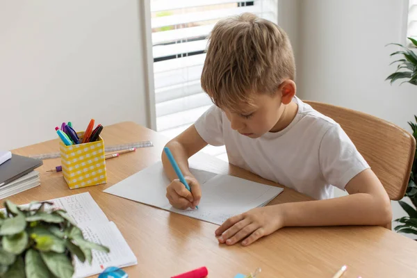 Χαριτωμένο Αγόρι Κάνει Σχολική Εργασία Στο Σπίτι Αποστάσεως Εκπαίδευση Ηλεκτρονική — Φωτογραφία Αρχείου