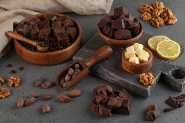 Çeşitli çikolata parçaları, gri arka planda kakao çekirdekleri. El yapımı zanaatkar çikolatası.