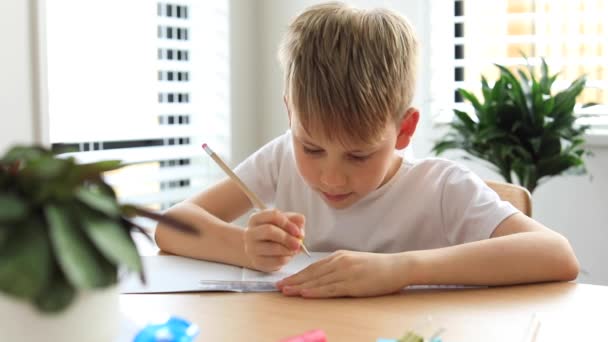 かわいい男の子が家で宿題をしている 遠隔教育 オンライン教育 少年はノートに熱心に書いている ビデオ — ストック動画