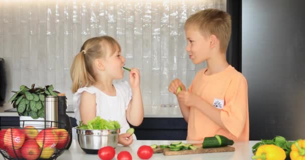 有趣的哥哥和姐姐有有趣的烹饪沙拉 吃甜黄瓜和有乐趣 一个快乐的素食主义者家庭喜欢做饭 — 图库视频影像