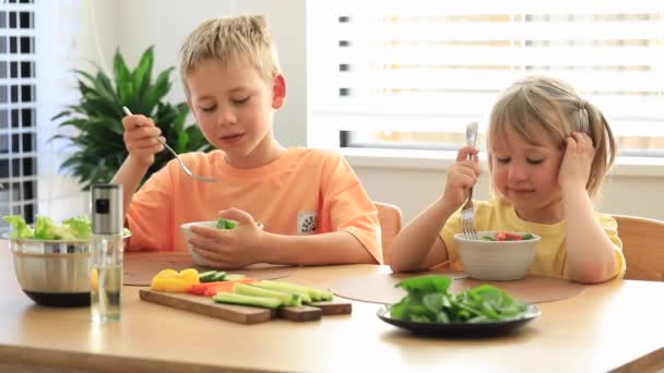 Irmão Bonito Irmã Estão Felizes Comer Salada Legumes Frescos Conceito — Vídeo de Stock