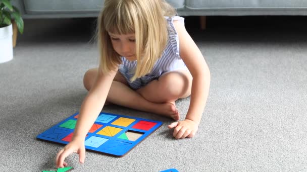 Uma Criança Está Jogando Jogo Madeira Lógica Chão Sala Crianças — Vídeo de Stock