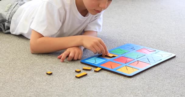 Ένα Αγόρι Παίζει Ένα Λογικό Ξύλινο Παιχνίδι Στο Χαλί Εκπαιδευτικά — Αρχείο Βίντεο