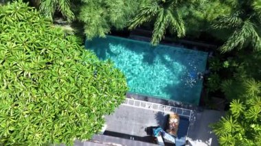 Tatilde masmavi suda duran bir kadınla otel yüzme havuzu. Verdant tropikal yeşillik misafirler için huzurlu ve rahatlatıcı dinlenme ortamı sağlar.