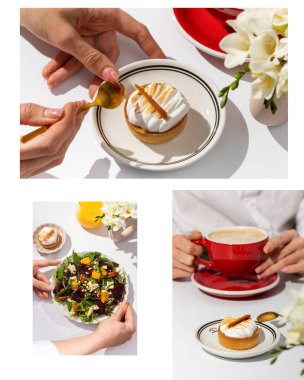 Kadın beyaz masa fotoğraf koleksiyonunda kahve ve salata seviyor. Vejetaryen besleyici yemek ve kafe resimlerinde lokum keki.