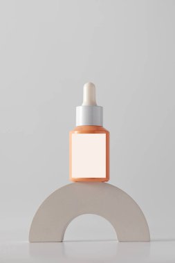 Beyaz arka planda podyumda anti-aging serumu olan bir damlatıcı. Kozmetik konsepti, cilt bakımı.