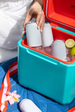 Elinde içecek kutusu olan bir kadın termos kutusunun üzerinde buz küpleriyle birlikte yakın çekim yapıyor. Pikniğe geri dönüşümlü teneke kutuda soğuk içecek alan bir kadın. Boş ambalaj