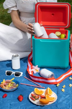 Elinde içecek kutusu olan bir kadın termos kutusunun üzerinde buz küpleriyle birlikte yakın çekim yapıyor. Pikniğe geri dönüşümlü teneke kutuda soğuk içecek alan bir kadın. Boş ambalaj